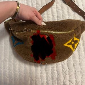 Brown Shearling Fanny Pack Bag with Colorful Accents